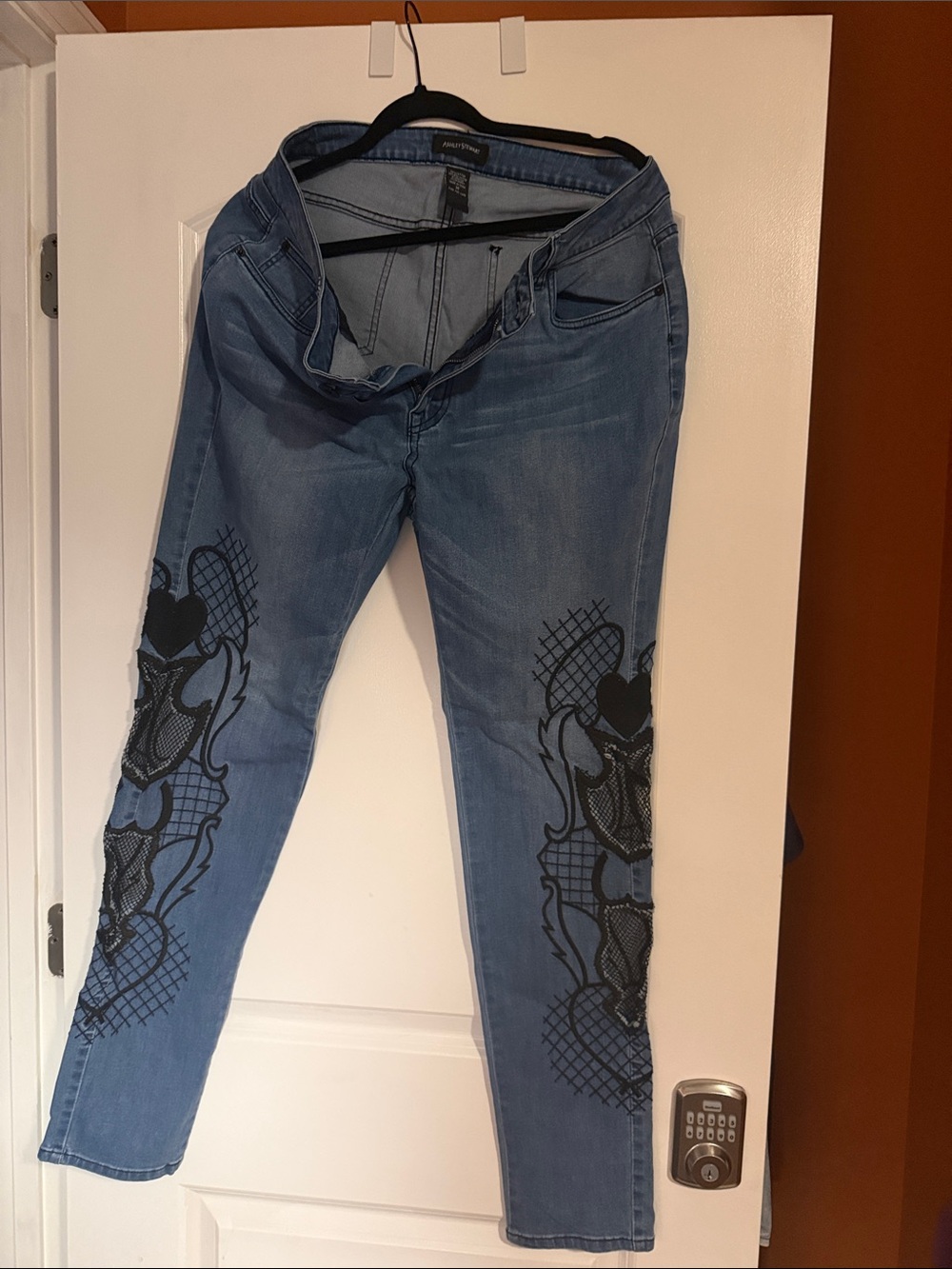 Ashley Stewart Blue Straight Leg Jeans with Black Lace Applique